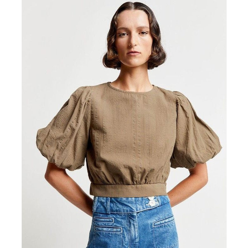 Karen Walker khaki cotton crop puff sleeve top | size 16