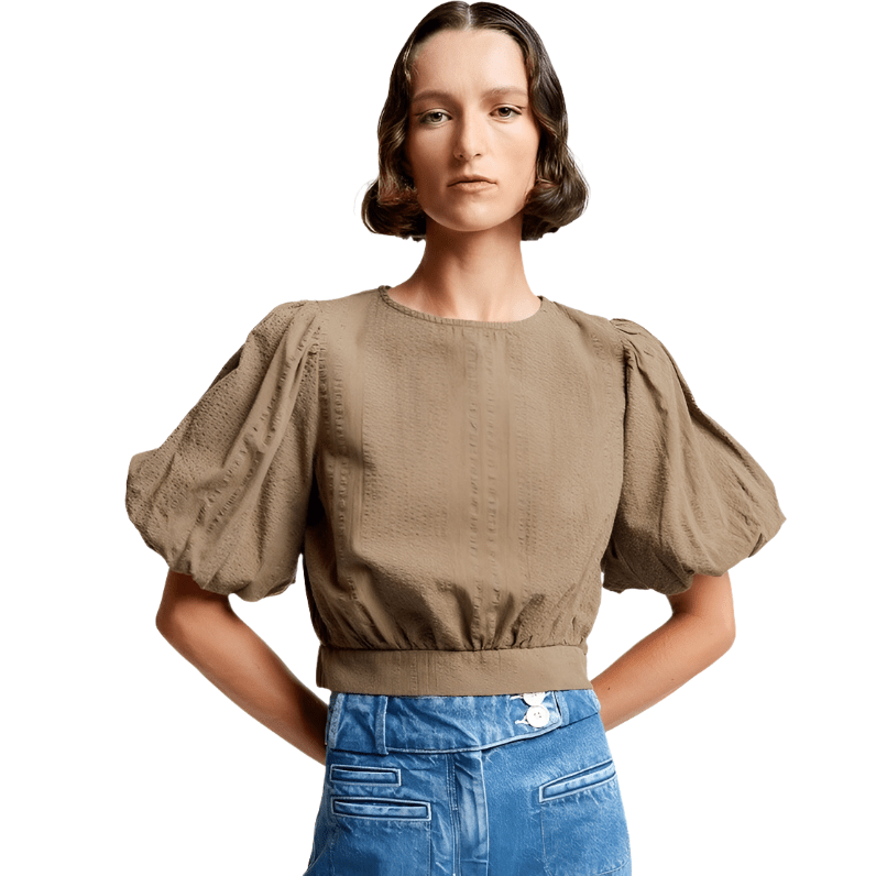 Karen Walker khaki cotton crop puff sleeve top | size 16