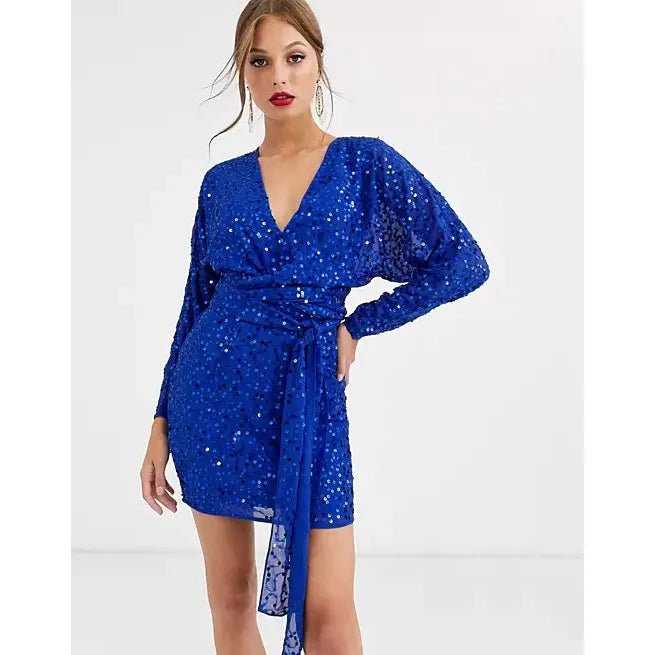 NEW - ASOS DESIGN mini dress with batwing sleeve and wrap waist in scatter sequin | size 14