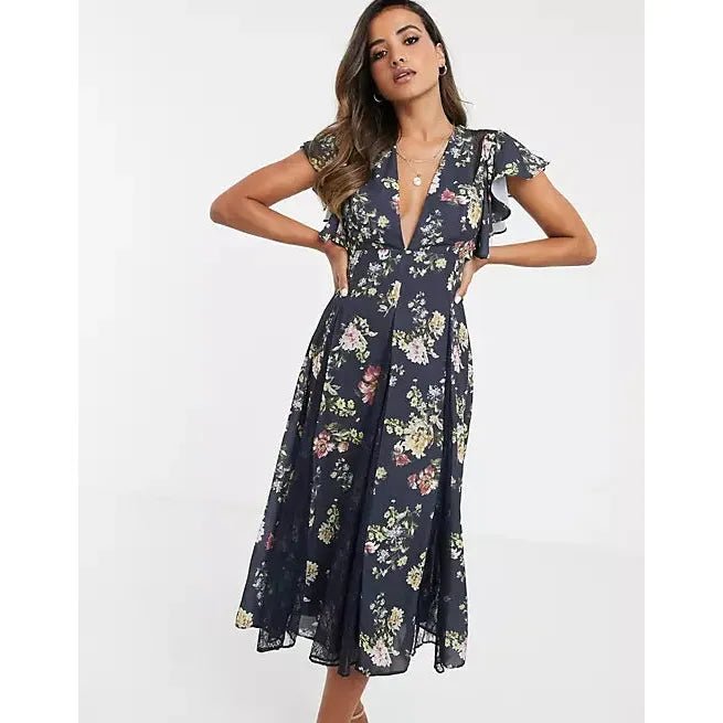 ASOS navy v neck floral and lace dress | size 8