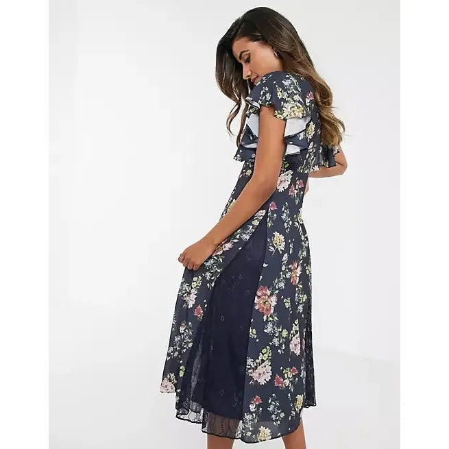 ASOS navy v neck floral and lace dress | size 8