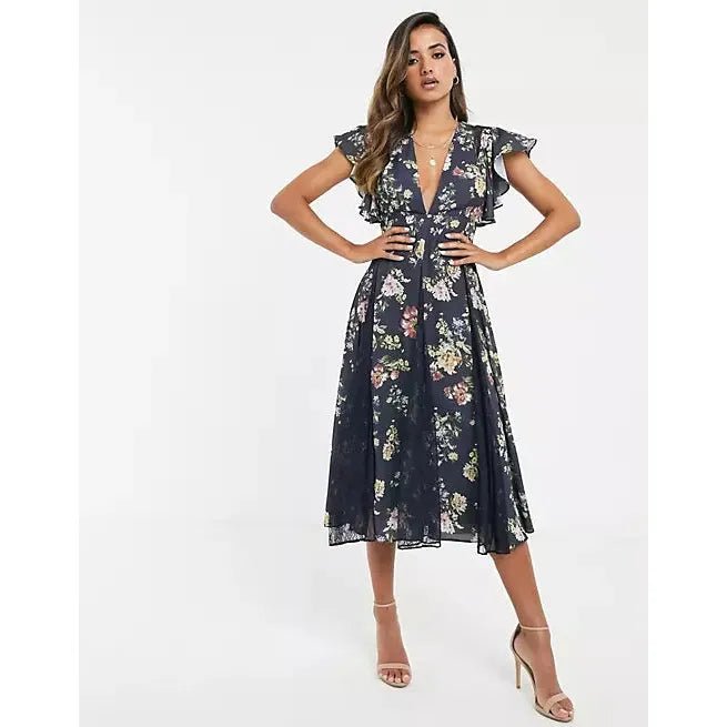 ASOS navy v neck floral and lace dress | size 8