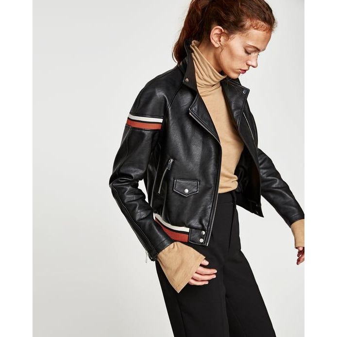 Zara Basic black leather look jacket with red and white stripe | size 10-12