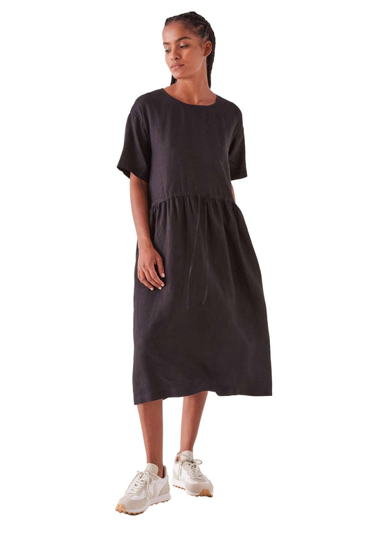 Assembly Label  short sleeve black linen dress with chord waist tie | size 12