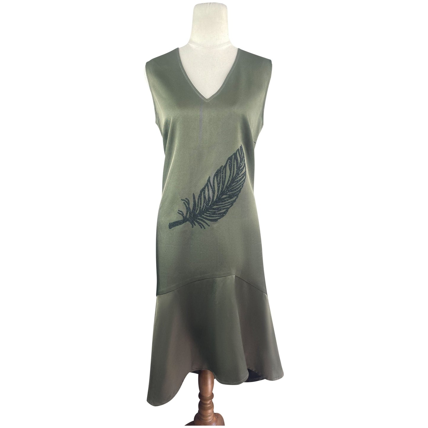 Andrea Moore green dress w glitter feather | size 12