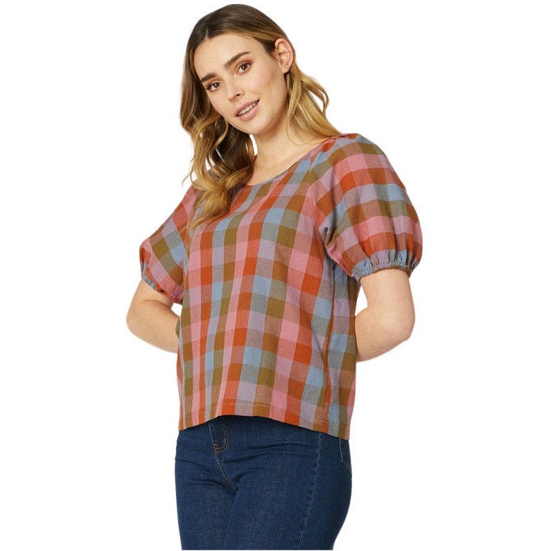 Princess Highway linen-blend Prairie Check Top | size 10