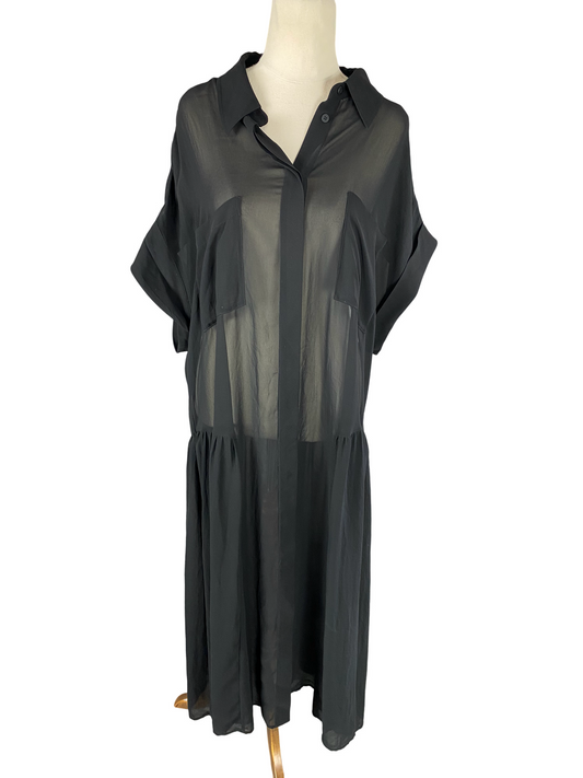 Moochi black sheer button down trekker midi dress | size 14