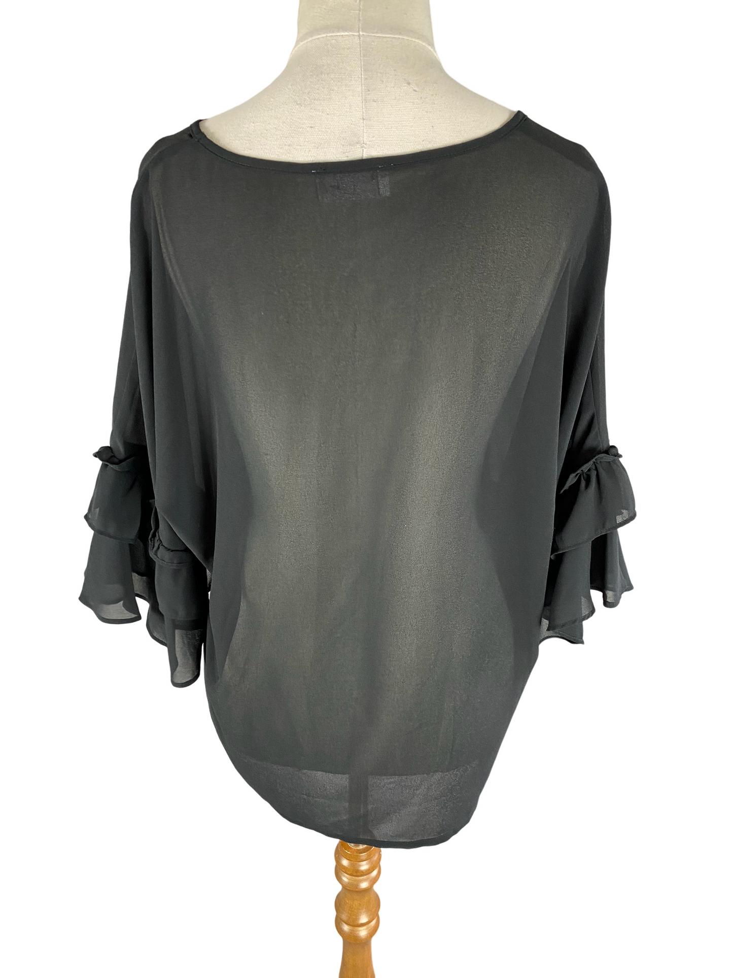 PIA sheer black ruffle sleeve top | size 14