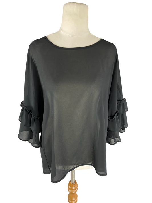 PIA sheer black ruffle sleeve top | size 14