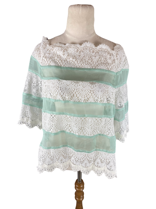 BNWT Vintage Rose pale green + white lace top | size 14