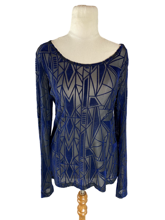 Spicy Sugar Dark navy velvet detail sheer long sleeve top | size 12