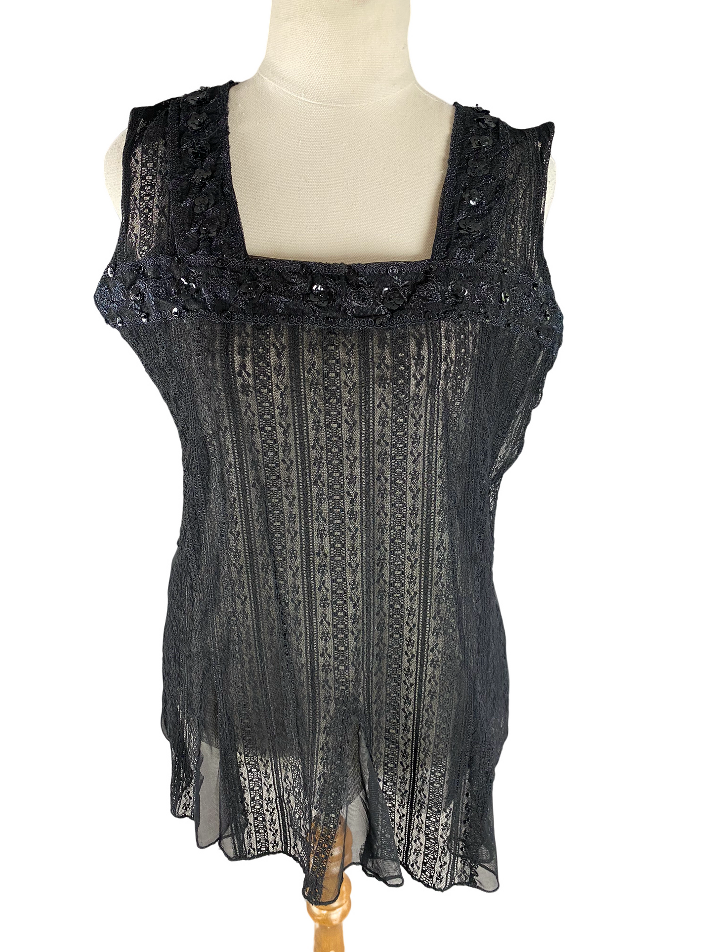 C'rest Ashion Paris black lace look sheer top | size 12