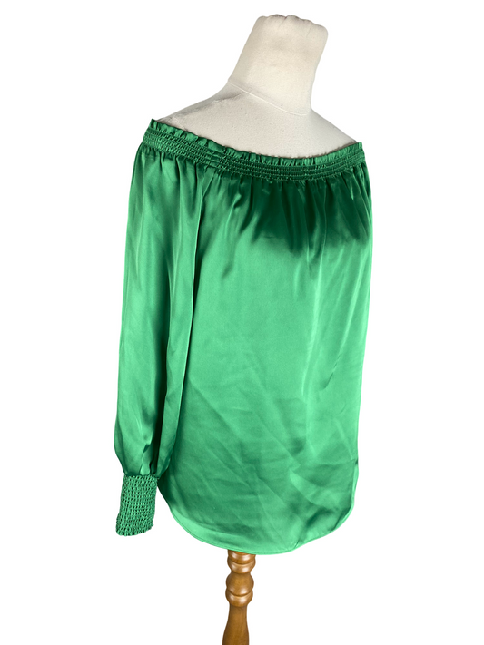 Witchery satin-look green off-the-shoulder top | size 12