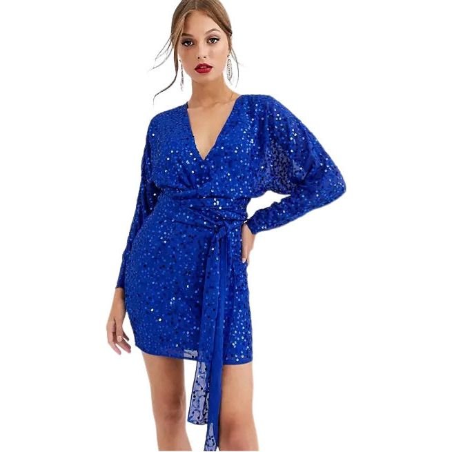 NEW - ASOS DESIGN mini dress with batwing sleeve and wrap waist in scatter sequin | size 14