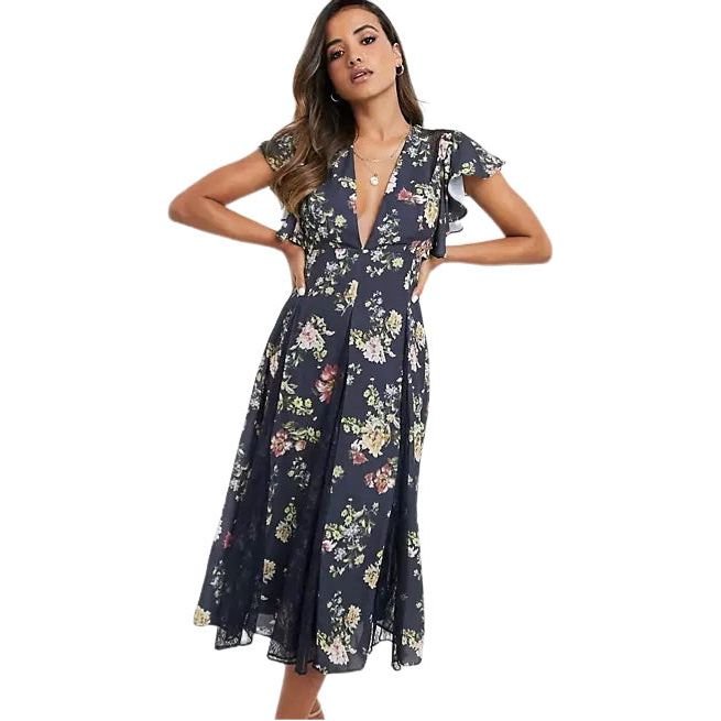 ASOS navy v neck floral and lace dress | size 8