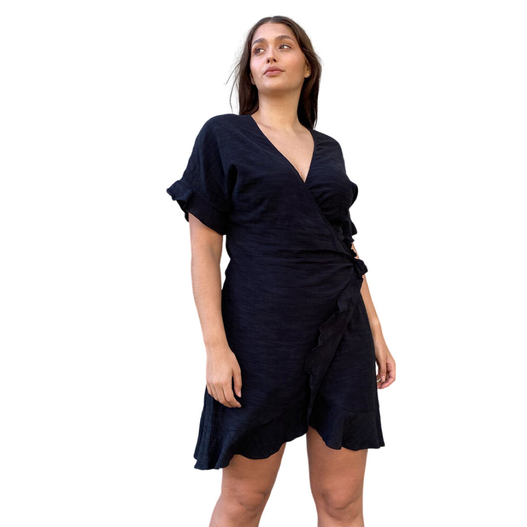 Decjuba black wrap mini dress with frill sleeves | size 8