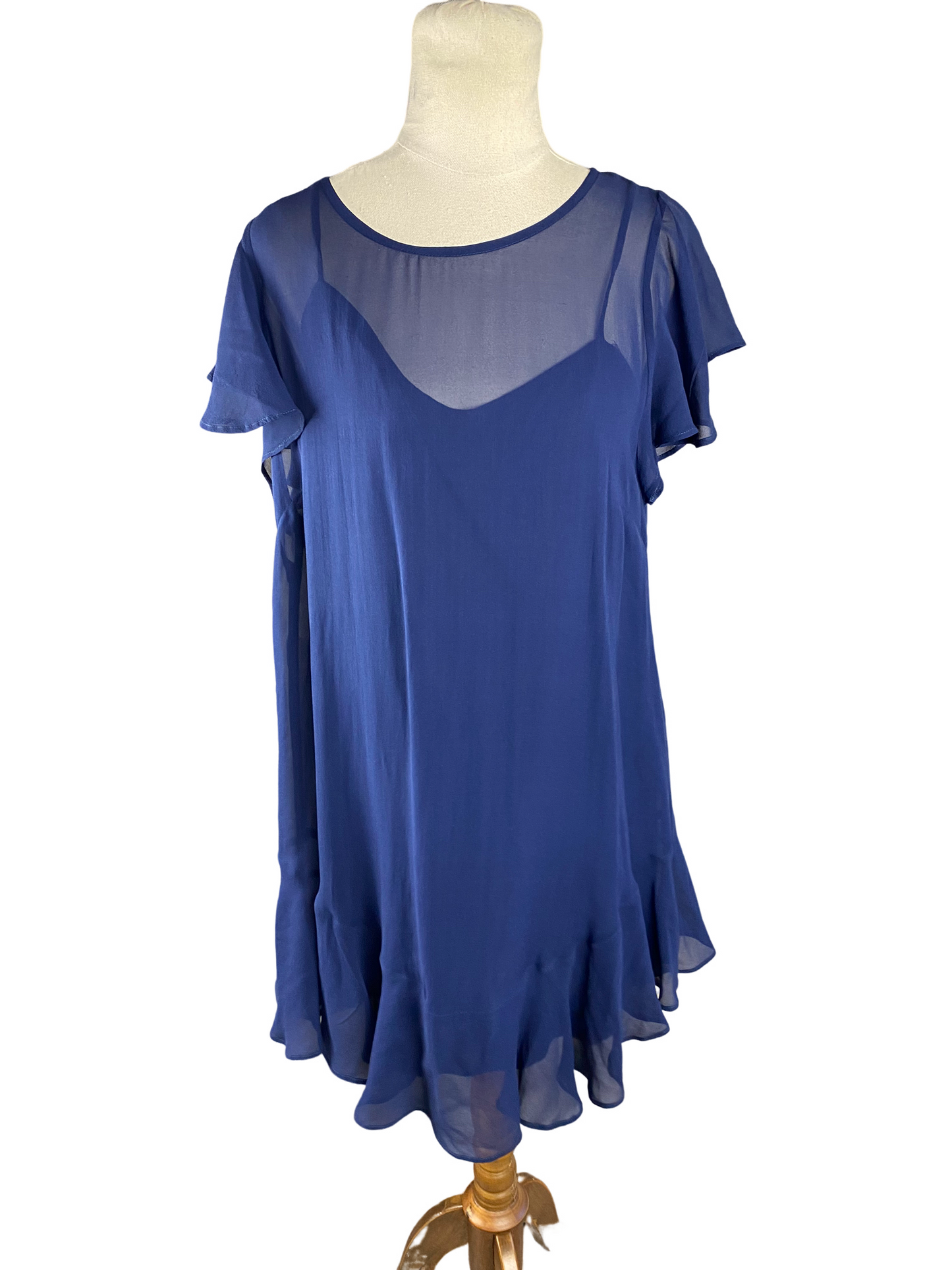 Ruby silk navy frill dress | size 10