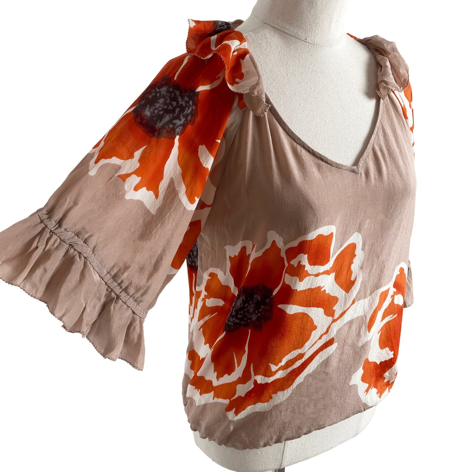 No label orange floral silk top | size 8