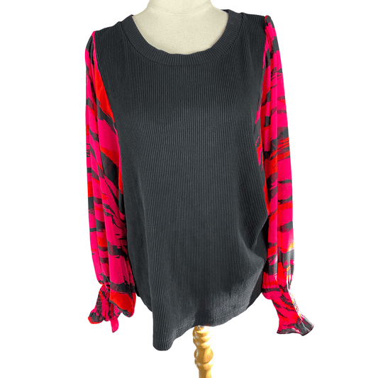 Charlo black rib top with red + pink sheer sleeves | size 12