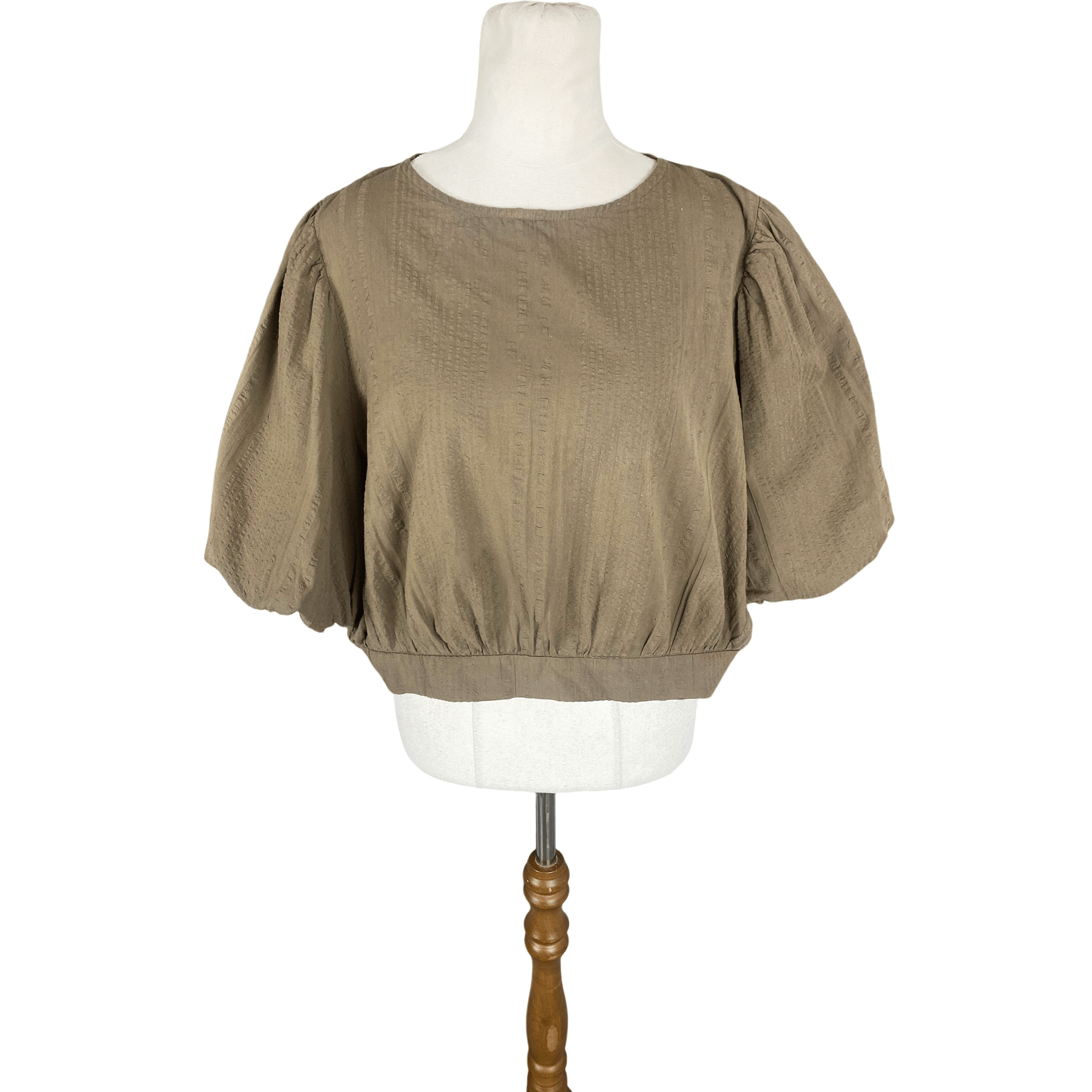 Karen Walker khaki cotton crop puff sleeve top | size 16