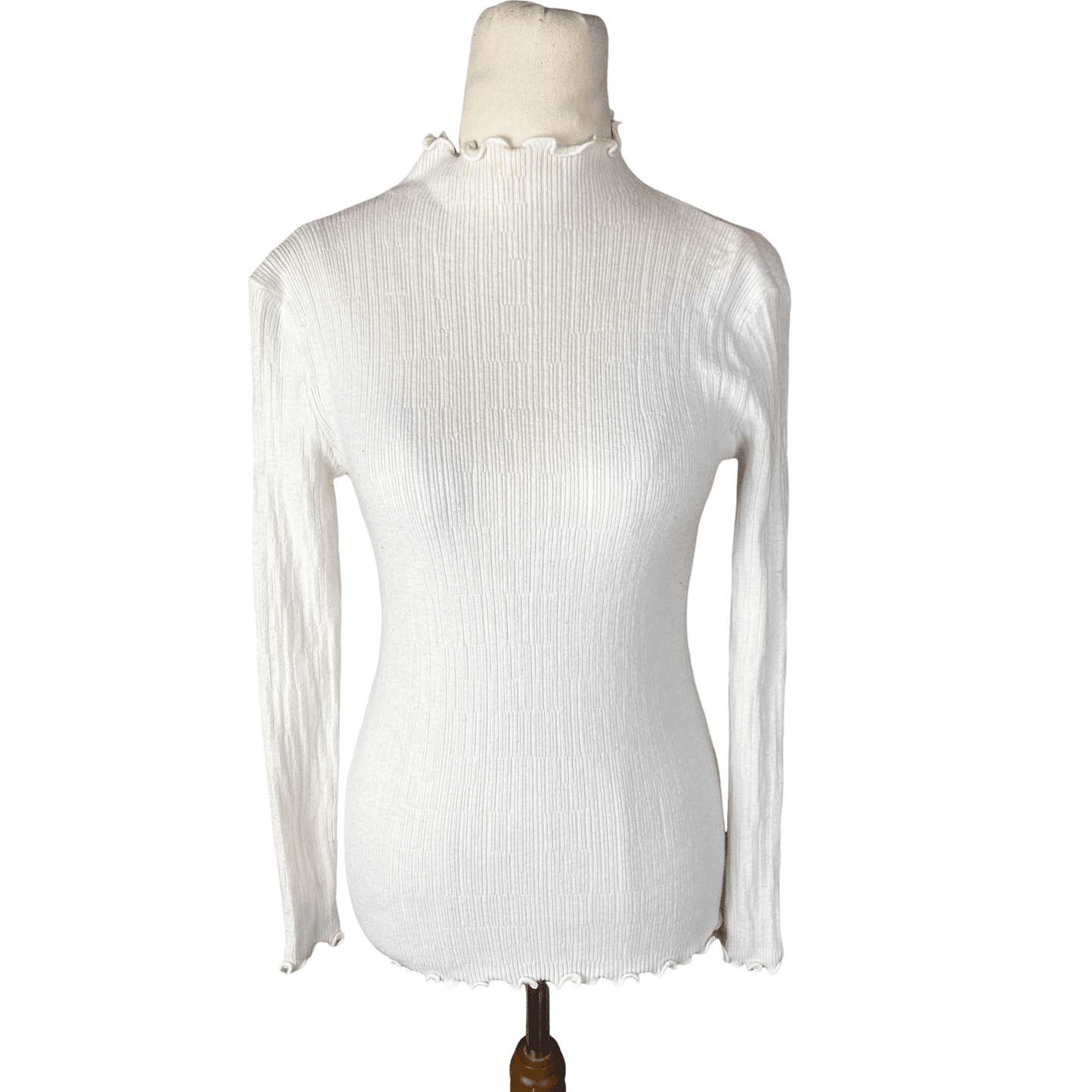 Tosca & Salome wool-blend rib cream frill neck long sleeve top | size 8