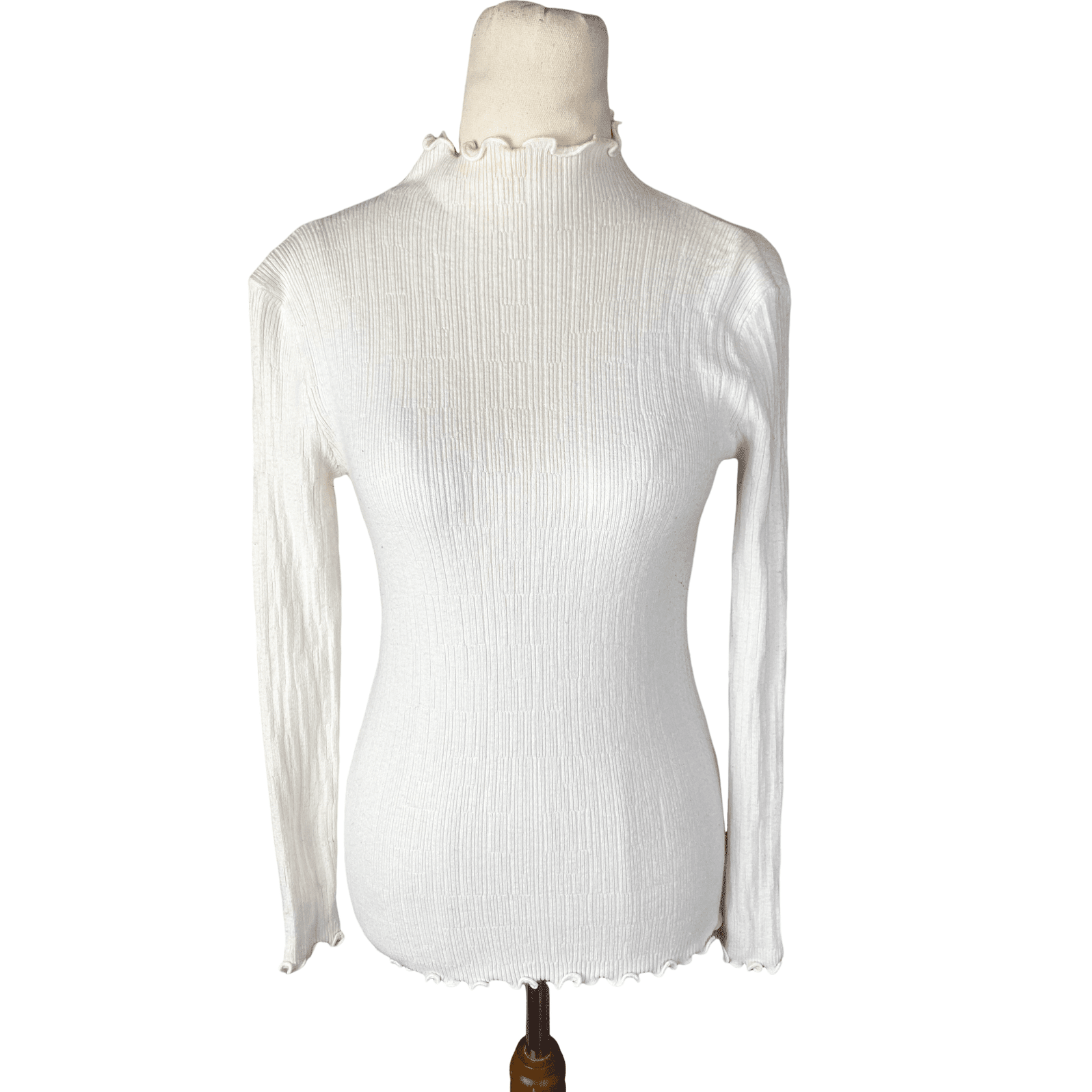 Tosca & Salome wool-blend rib cream frill neck long sleeve top | size 8