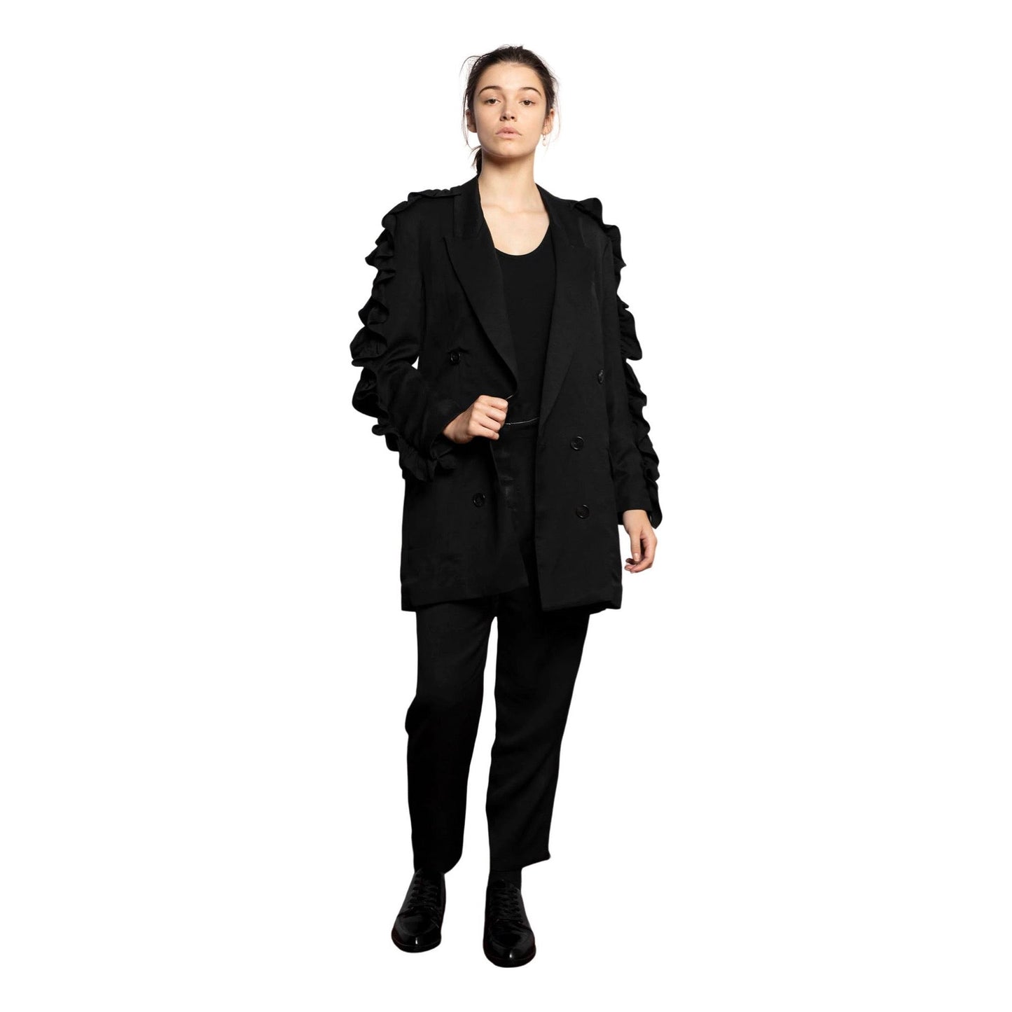 Salasai oversized linen blend black frill blazer | size 8-10 RRP $491