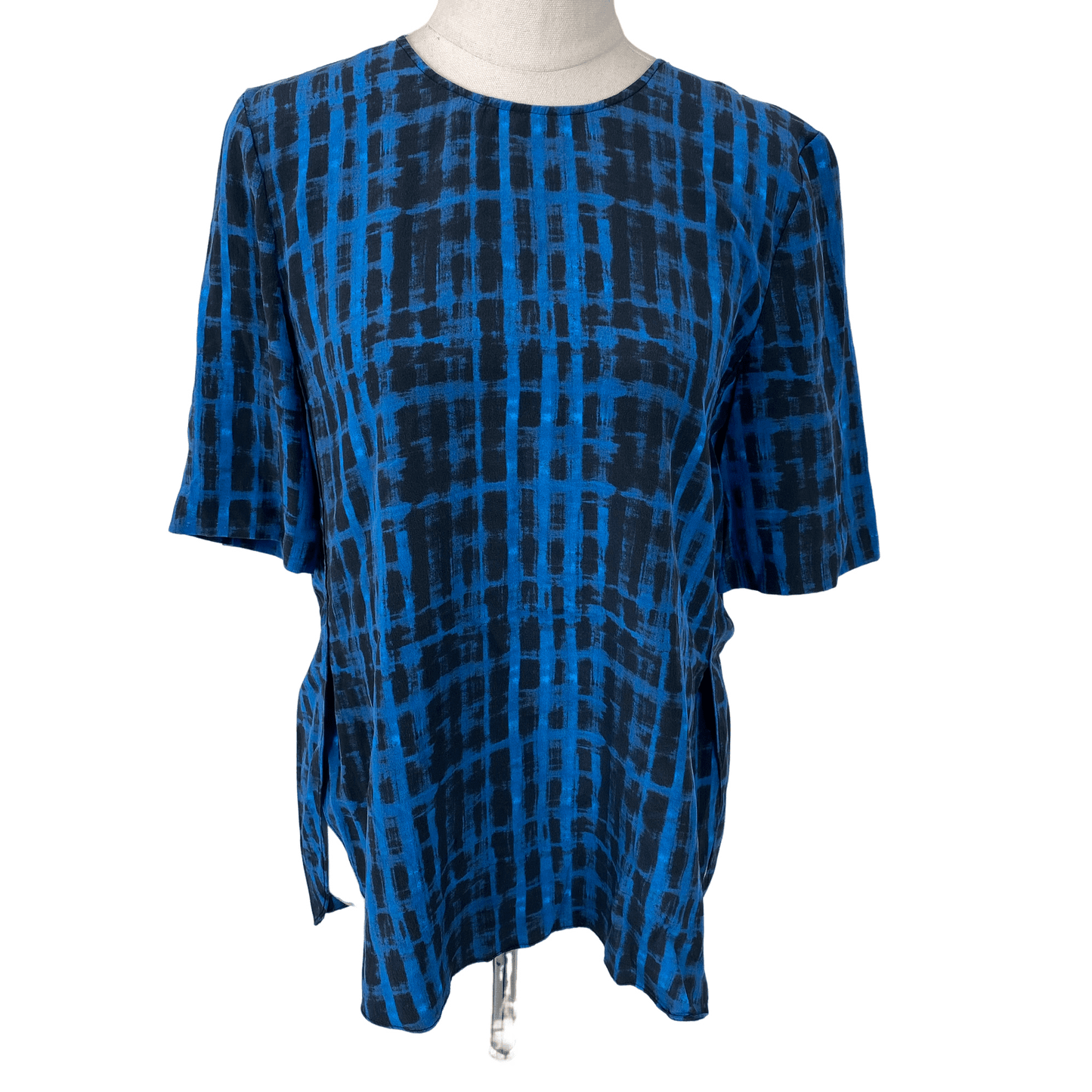 Saba blue and black print silk top | size 12