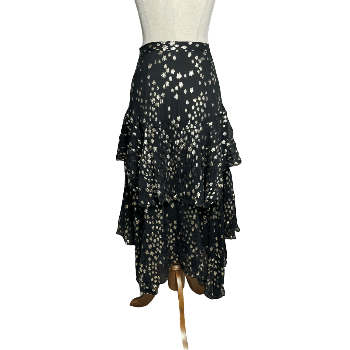 Loveshack Fancy black tiered skirt w gold spots | size 4