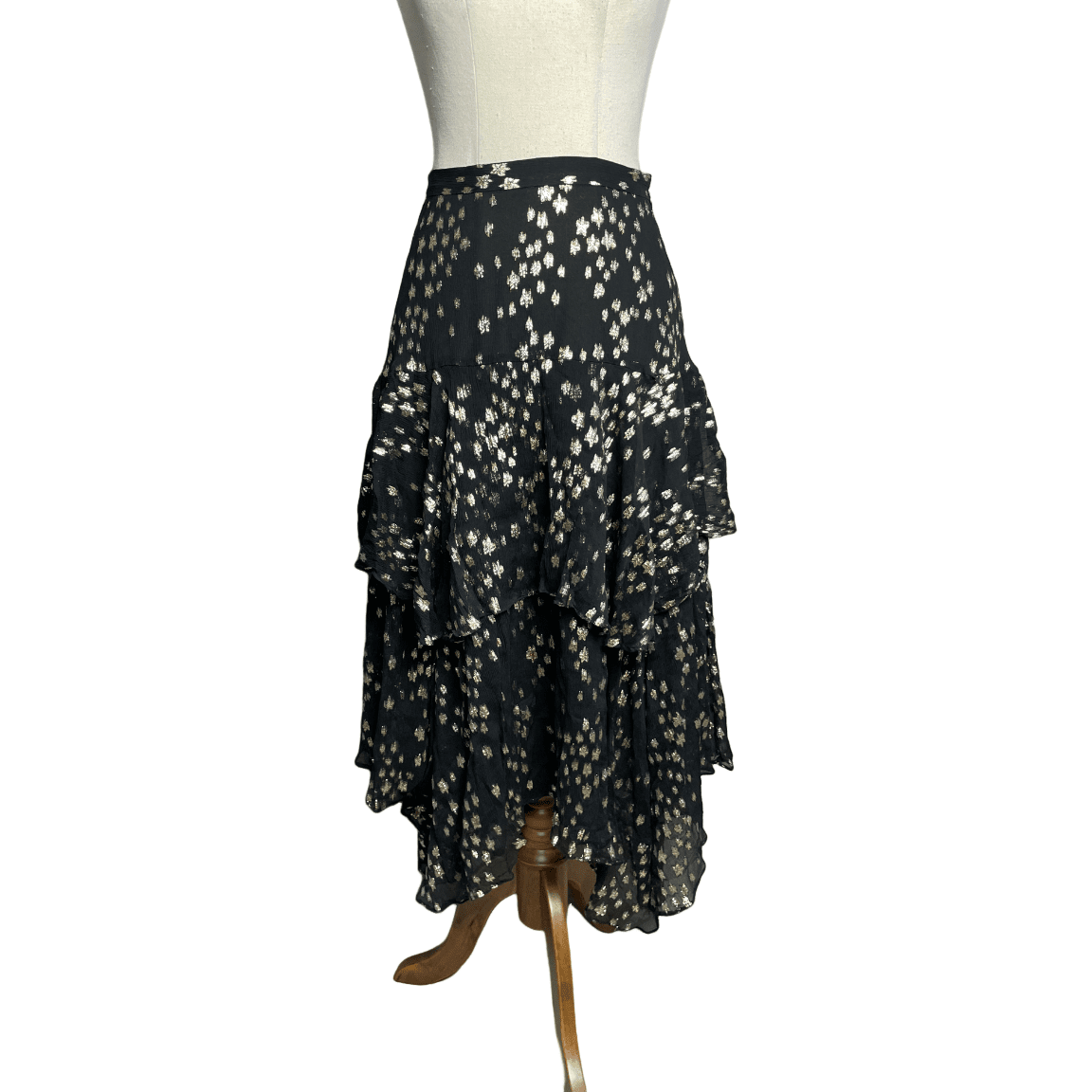 Loveshack Fancy black tiered skirt w gold spots | size 4