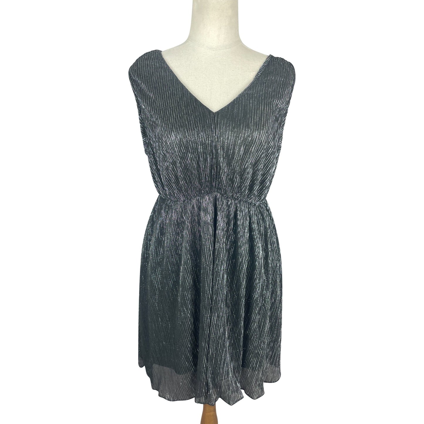 Max black V neck dress with silver stripes | size 14