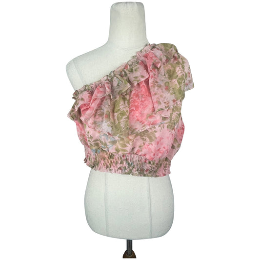 NEW - Pia pink one shoulder crop top w green floral print | size 12-14 | RRP $89