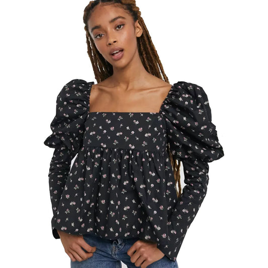 ASOS DESIGN volume sleeve cotton top in rose bud floral | size 8