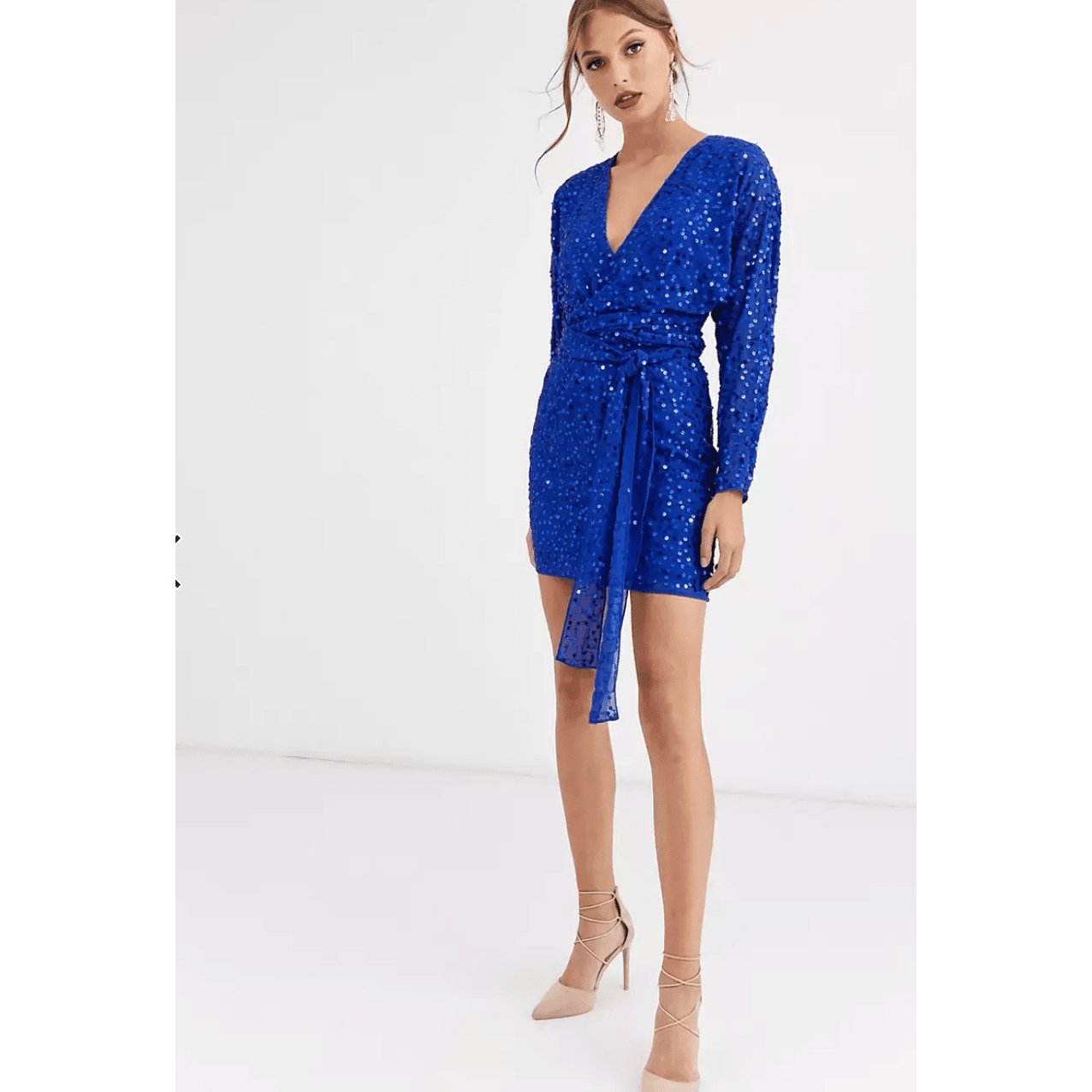 NEW - ASOS DESIGN mini dress with batwing sleeve and wrap waist in scatter sequin | size 14
