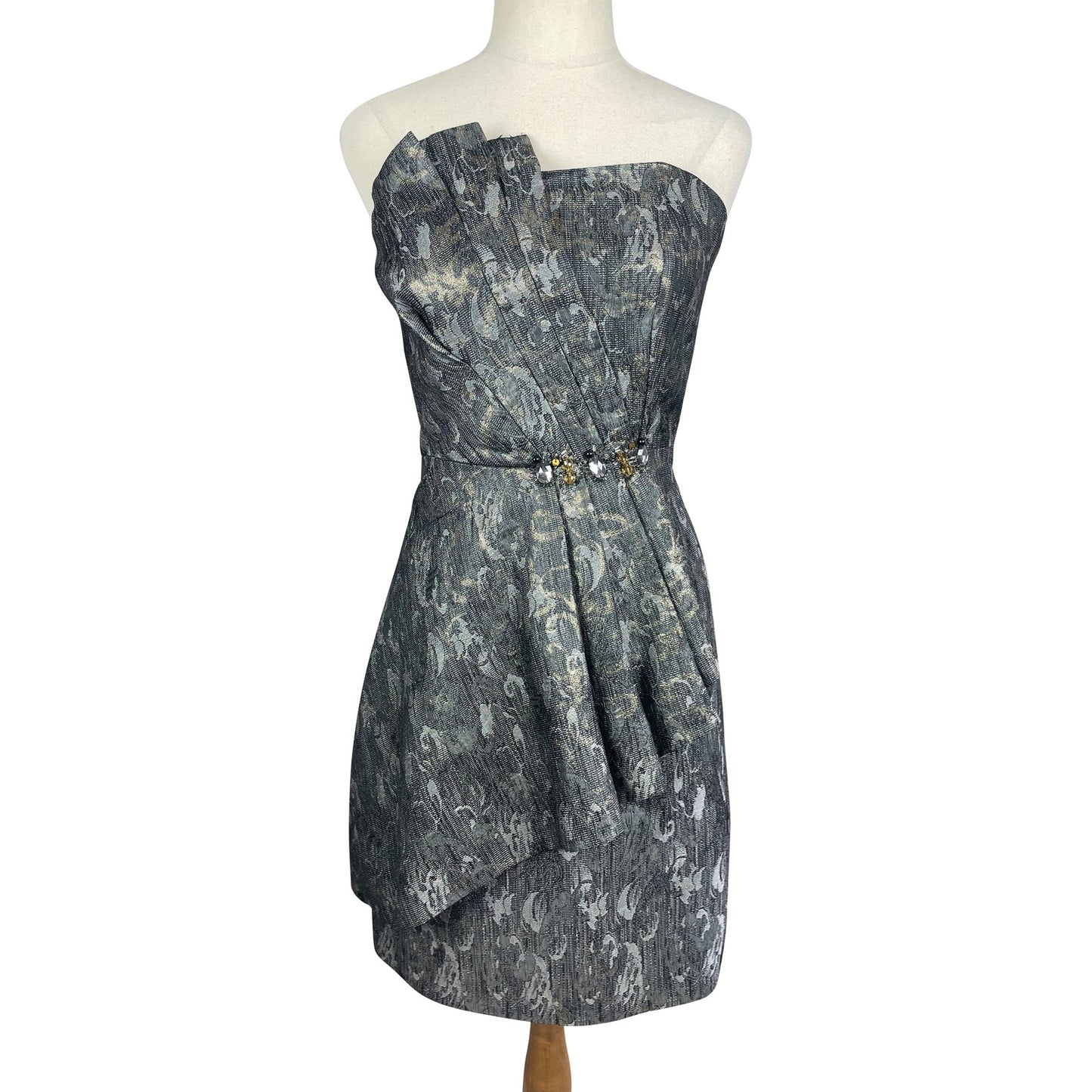 Staks jacquard grey and gold strapless mini dress | size 12