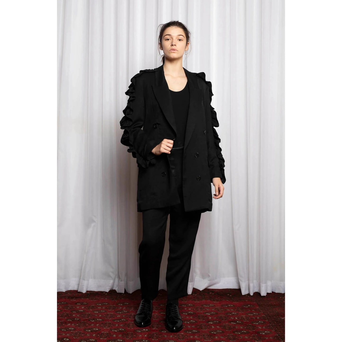 Salasai oversized linen blend black frill blazer | size 8-10 RRP $491