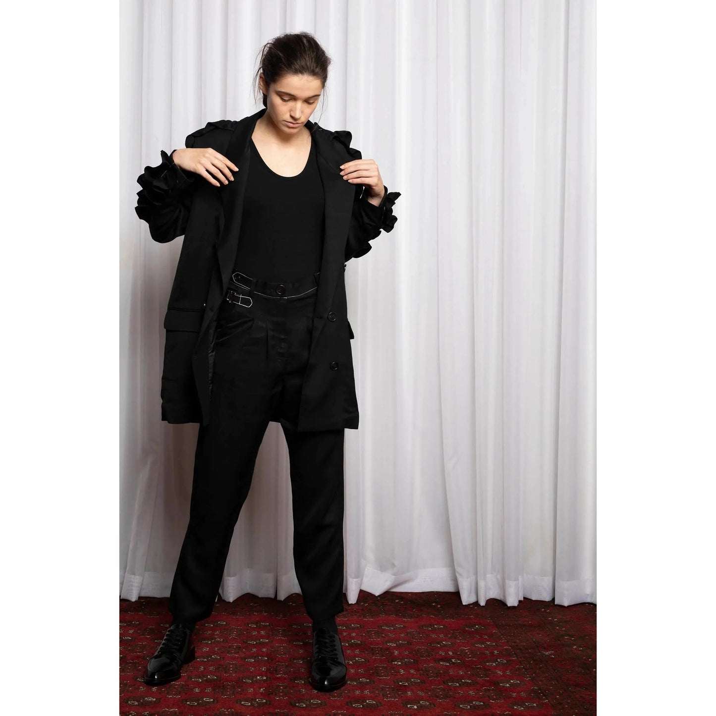 Salasai oversized linen blend black frill blazer | size 8-10 RRP $491